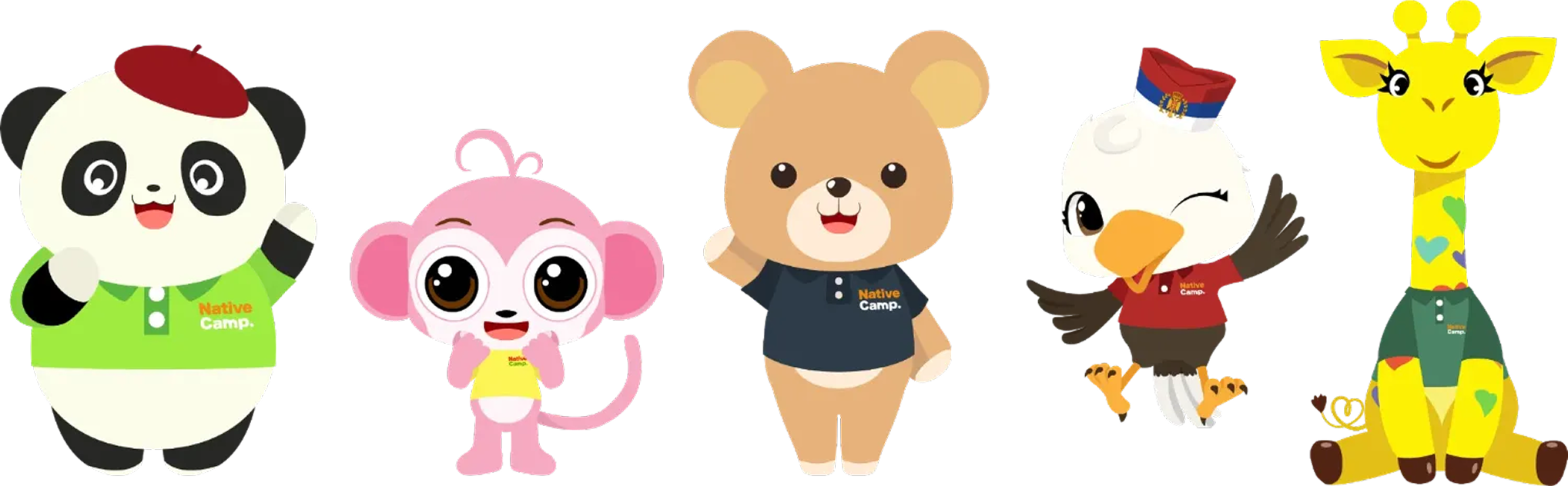 Native Camp的卡通人物們（Teddy・Fanfan・Tarsier・Giraffie・Birdie）一同擺出可愛姿勢的插圖