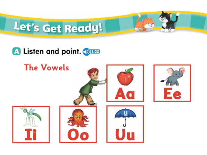 英語教材を使って単語やフレーズを学ぶイラスト