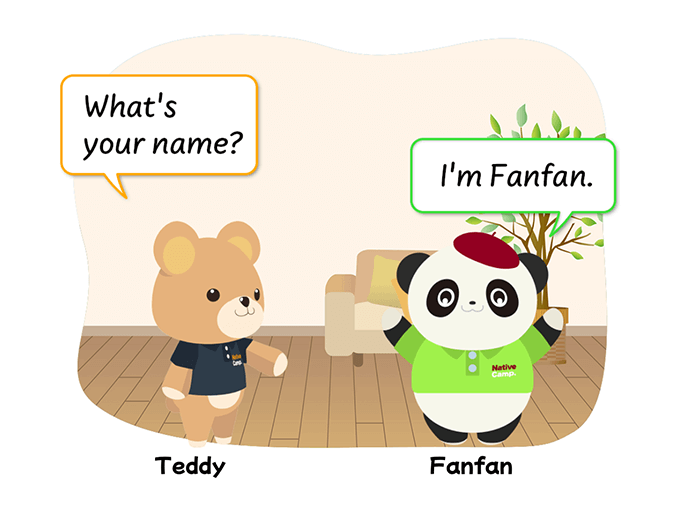 ネイティブ講師と動物キャラクターが英語フレーズを話すイラスト