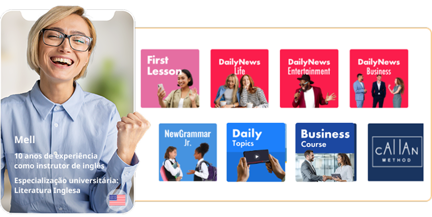 Cartão de apresentação de uma tutora sorridente usando óculos e uma lista de cursos de inglês.