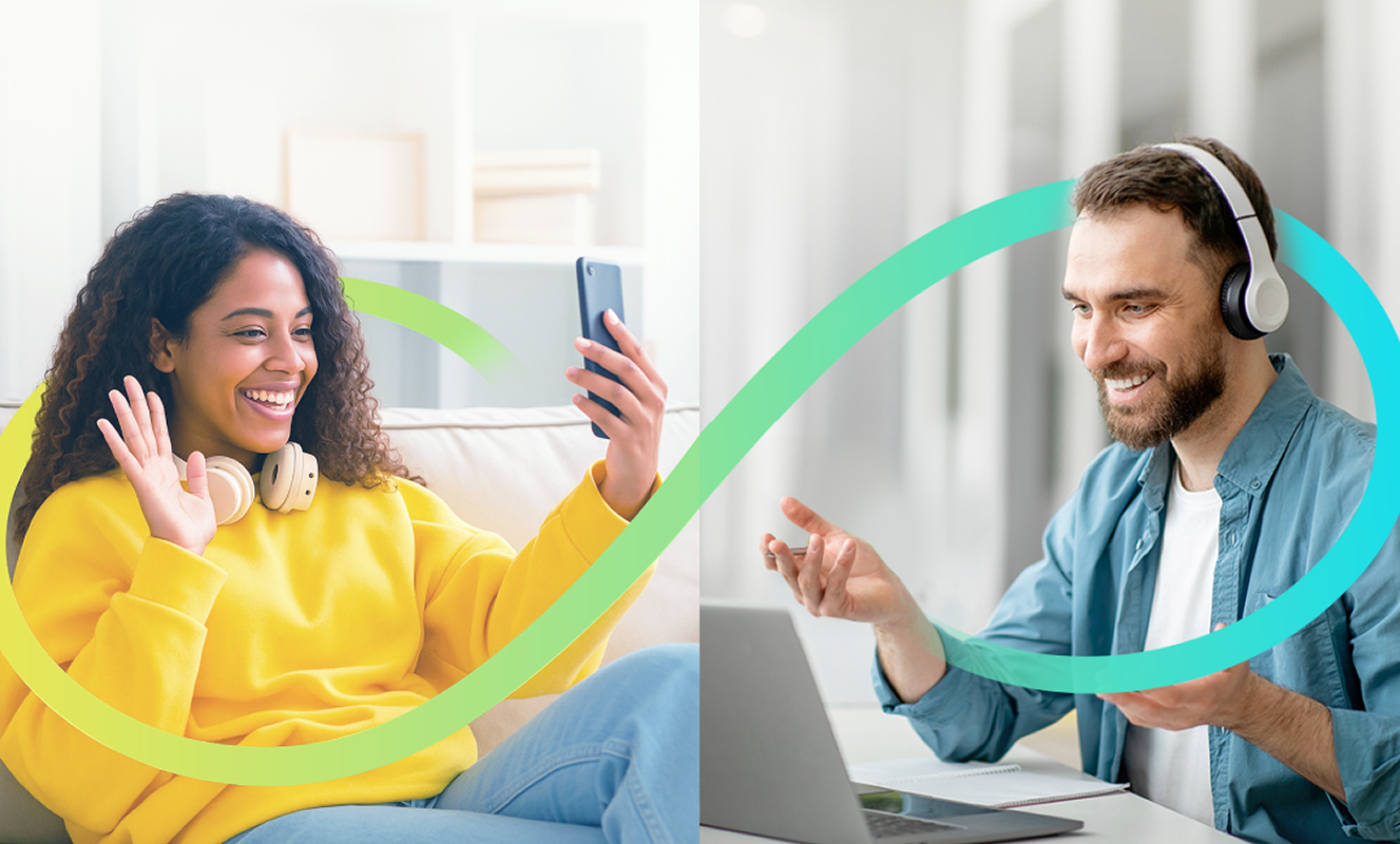 Duas pessoas fazendo uma chamada de vídeo em um smartphone e um computador