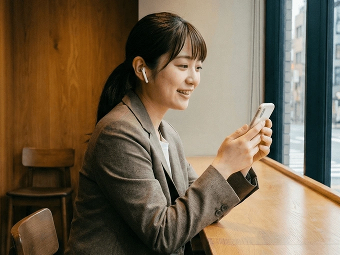 スマートフォンやタブレットで隙間時間にビジネス英会話を学習するビジネスパーソン