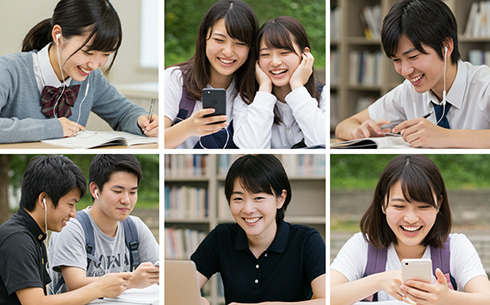 学生たちがスマートフォンやノートを使って楽しそうに学習や会話をしている様子のコラージュ画像。6つの場面に分かれており、イヤホンを共有する姿や笑顔で話す姿が写っている。