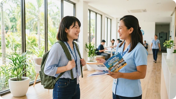語学学校と正規代理店として提携する様子