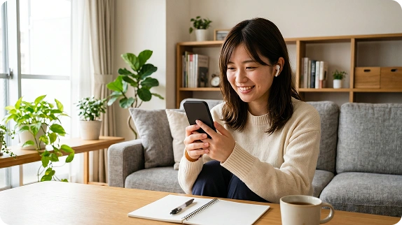 自宅でスマートフォンを使ってオンラインレッスンを受けている初心者