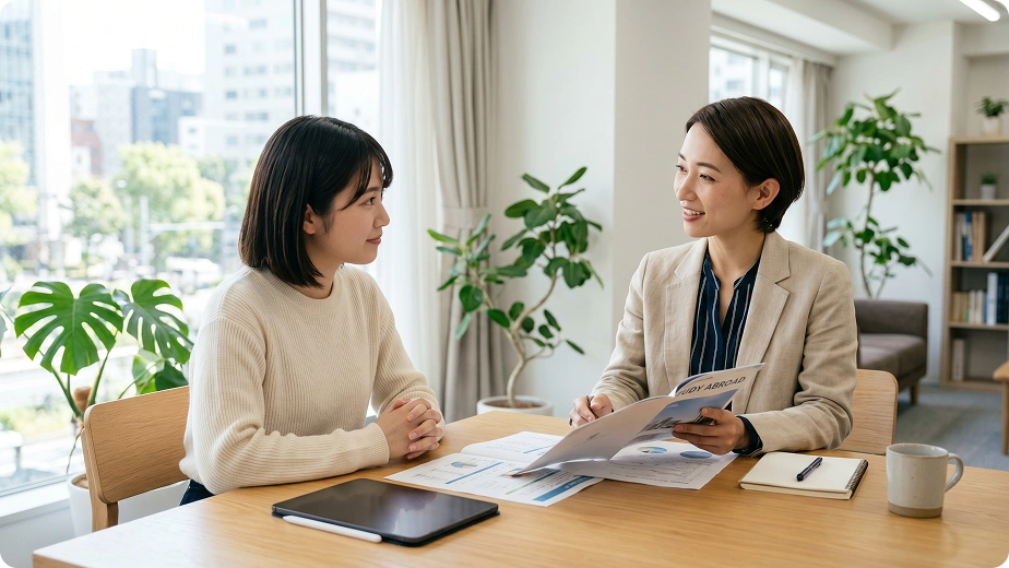 カウンセラーと学校選びの相談をしている様子