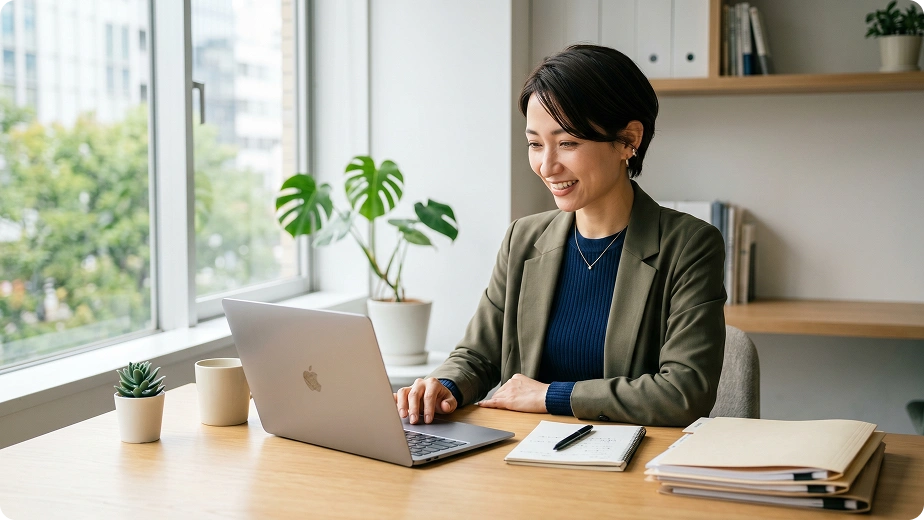 ノートパソコンで情報を確認している様子