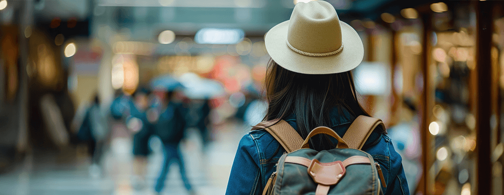 バックパックを背負い帽子をかぶった女性が街を歩く後ろ姿