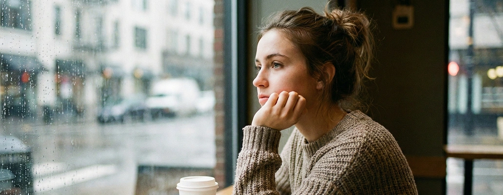 カフェでノートパソコンを使って勉強する留学生の女性