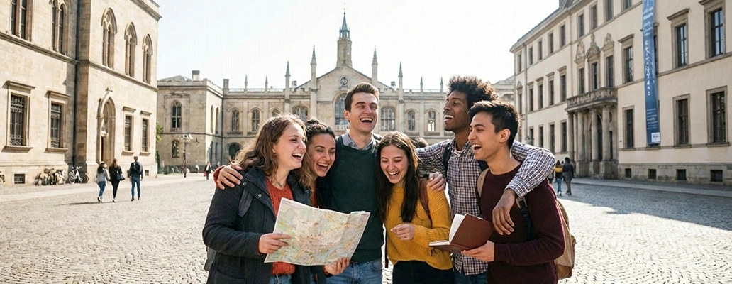 海外の街を歩きながら談笑する留学生たち