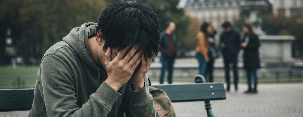 将来について悩み考え込む留学生の女性