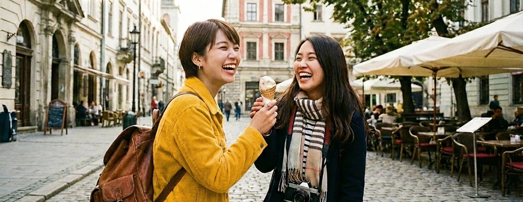 海外で友人と会話を楽しむ留学生たち