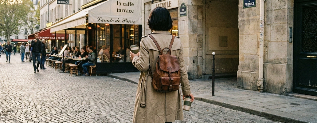 海外の街並みを一人で歩く留学生の後ろ姿