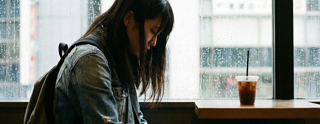 留学中に悩みを抱える学生が一人で考え込む様子