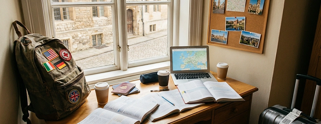 留学計画を立てるために机で勉強する学生