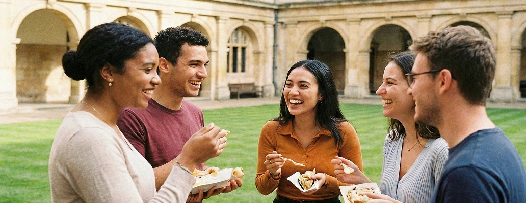 多国籍の留学生同士が会話を楽しむ様子
