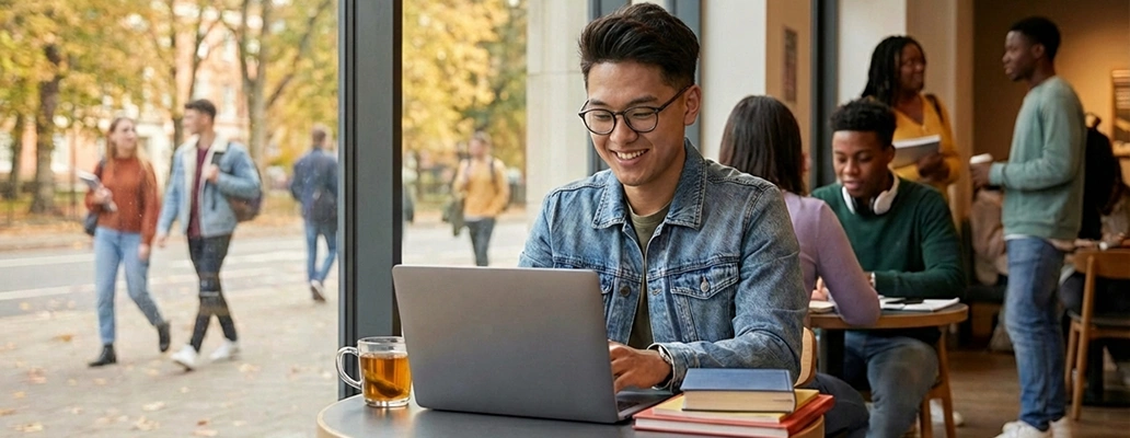 海外の街でスマートフォンを使う留学生の男性