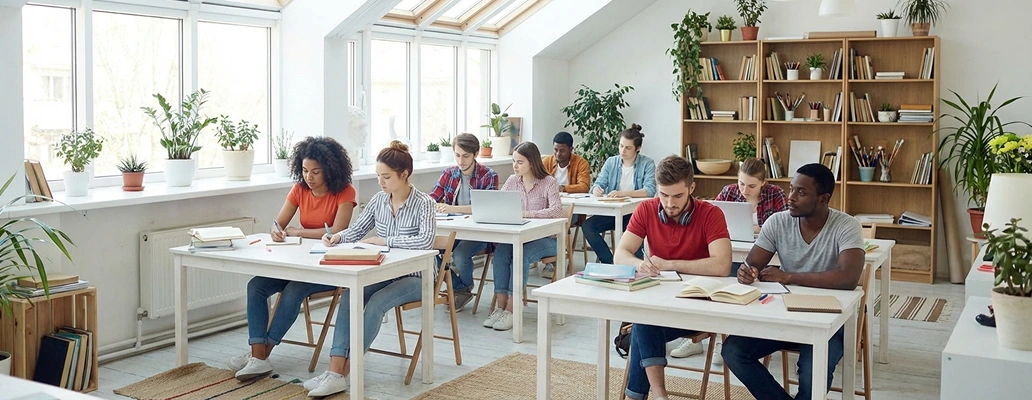 海外の教室でグループワークを行う留学生たち