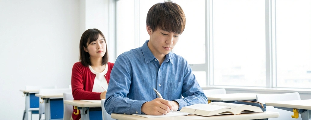 机で勉強する留学生とサポートする講師の様子