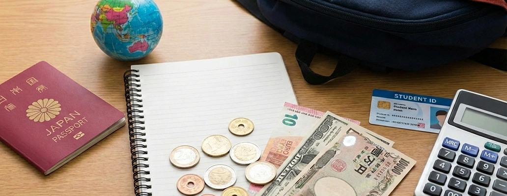 留学費用の内訳を整理した資料とノートのイメージ