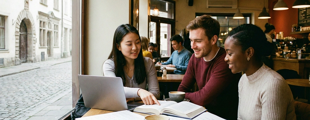 海外で相談しながら学習計画を立てる留学生たち