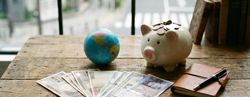 留学先の物価や生活費をイメージした地球儀と小物