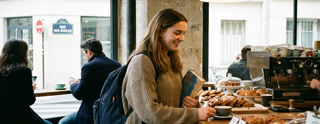 短期留学中にカフェで英語学習をする留学生