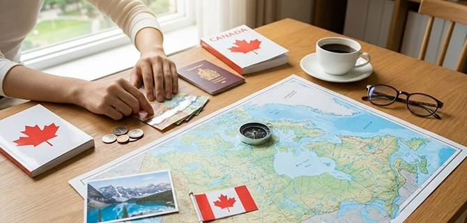 カナダ留学の準備をする様子（地図・パスポート・カナダ国旗）