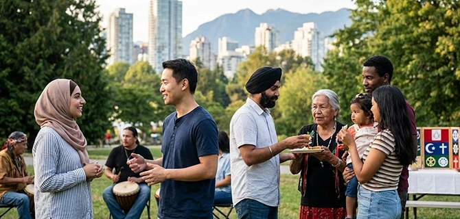 カナダの都市公園で多国籍の人々が交流している様子