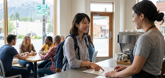 カナダのカフェで英語で注文する様子
