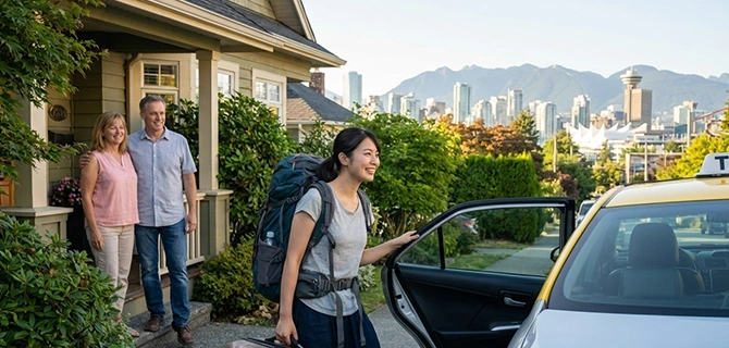カナダのホームステイ先で車に乗り込む留学生