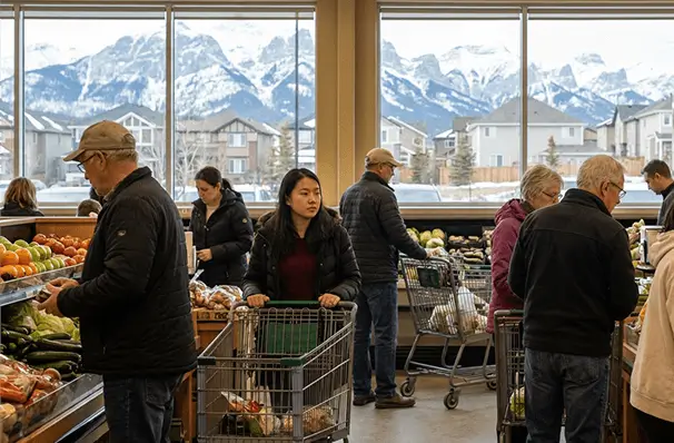 カルガリーのスーパーマーケットで買い物をする人々、生活しやすい街の様子