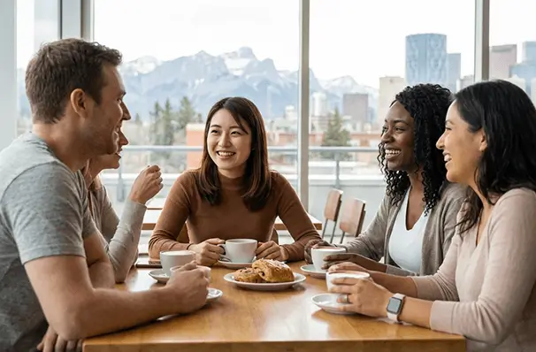 カルガリーで食事を楽しみながら会話する人々、英語環境での留学生活イメージ