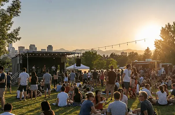 カルガリーの夏の屋外イベントと夕暮れの公園、日照時間が長い街の雰囲気