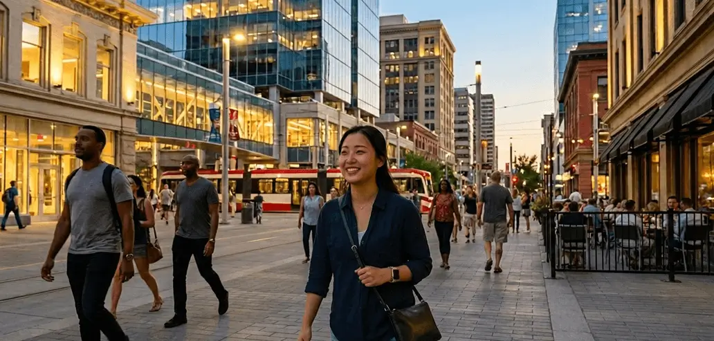 カルガリーの繁華街を歩く留学生