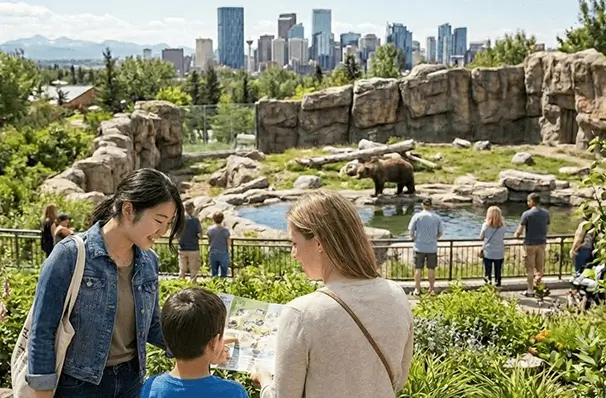 カルガリー動物園の広大な敷地と動物展示エリアを見学する家族連れ