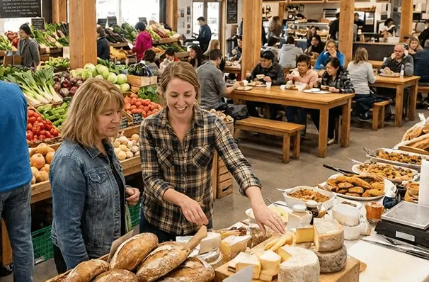 カルガリーファーマーズマーケットで地元食材やパンを選ぶ人々と活気ある店内