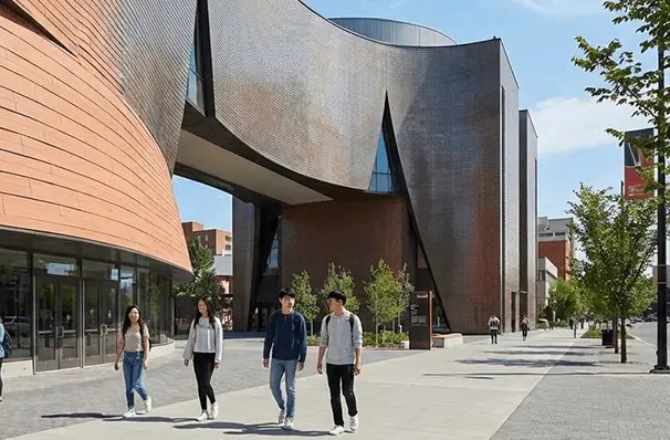 スタジオ・ベル（ナショナル・ミュージック・センター）の近代的な外観と訪問者