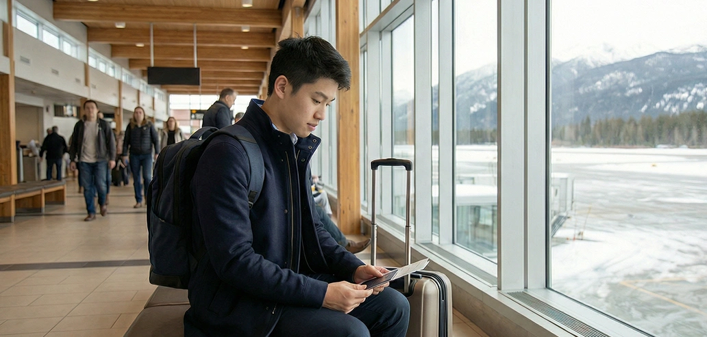 空港で出発を待つ留学生