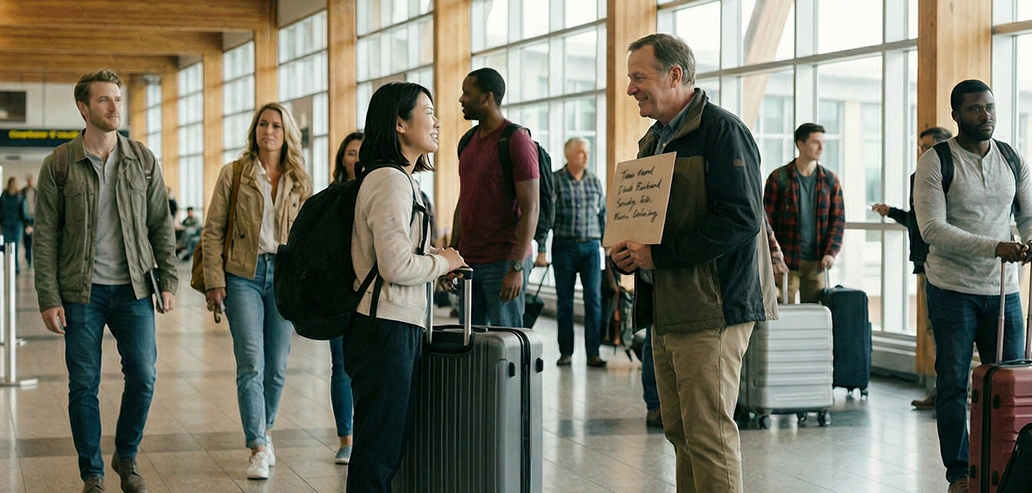 海外の空港に到着した留学生