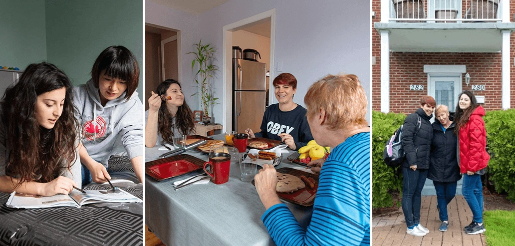 カナダのホームステイ先の家族と留学生が食卓を囲む様子