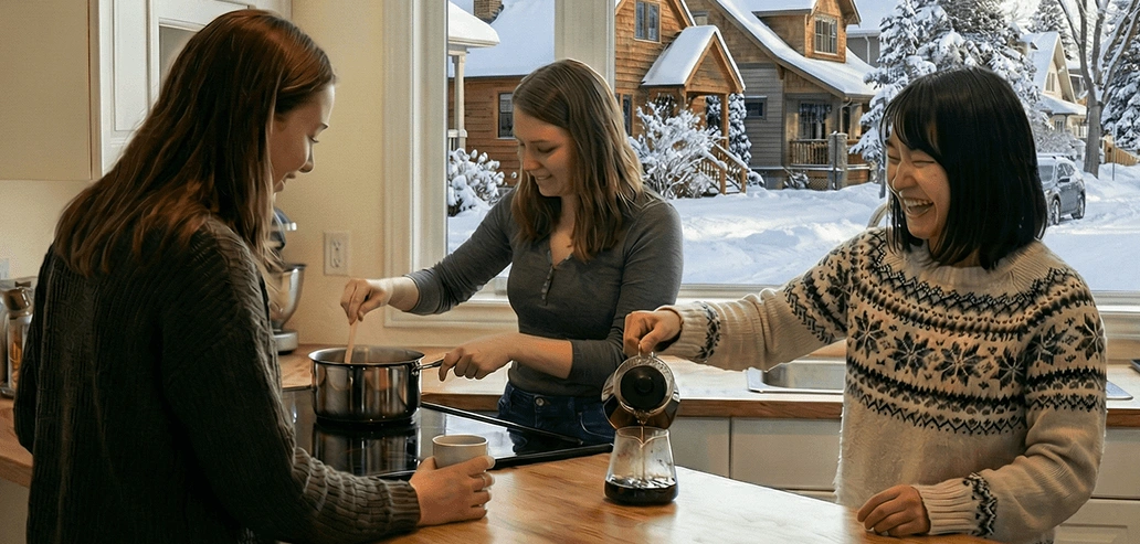 カナダのシェアハウスで多国籍なルームメイトが共用キッチンを使用する様子