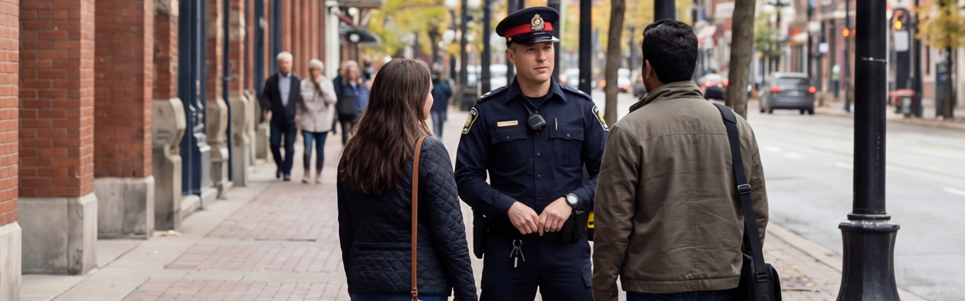 カナダの安全な街並みを歩く親子と学生の様子