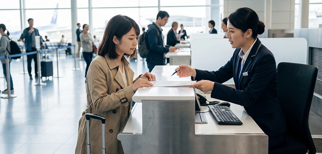 出発前に航空券を確認する旅行者