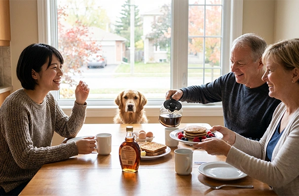 ホストファミリーと朝食をとるカナダ留学生