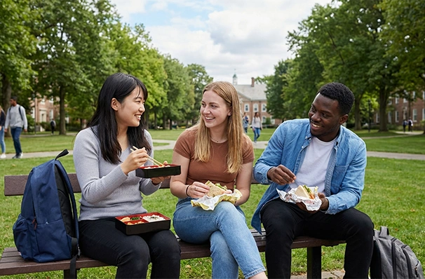 授業の合間にランチをとる留学生の様子