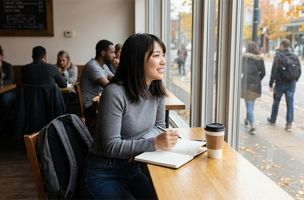 放課後にカフェで過ごすカナダ留学生