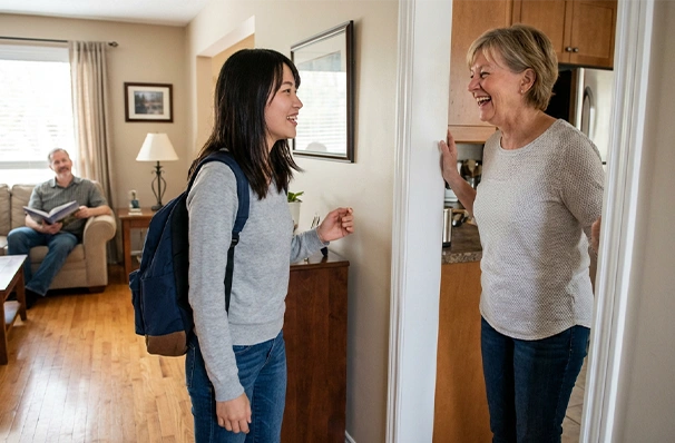 ホームステイ先に帰宅するカナダ留学生