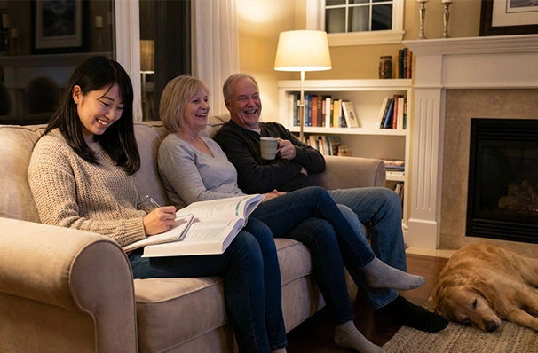 夕食後にリラックスして過ごす留学生