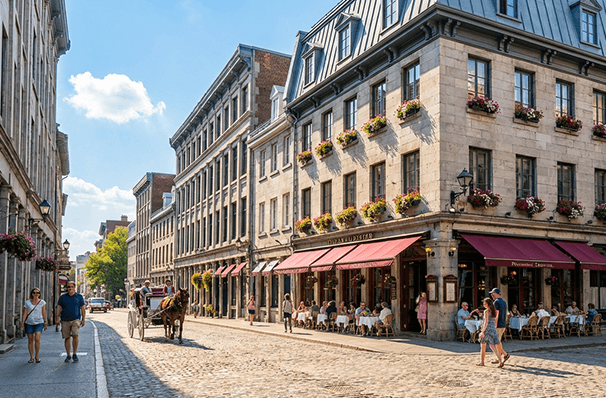 モントリオールの旧市街にあるヨーロッパ風の街並みとカフェ文化